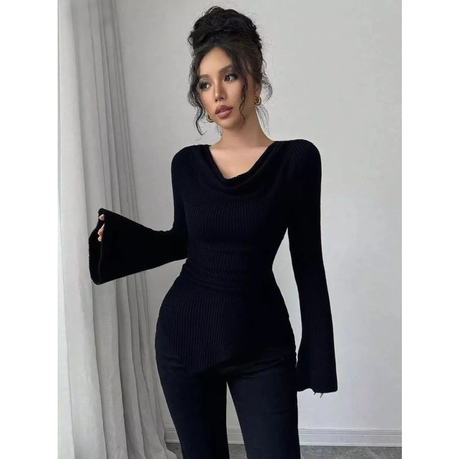 Cowl Neck Flare Sleeve Top Black / S Apparel and Accessories