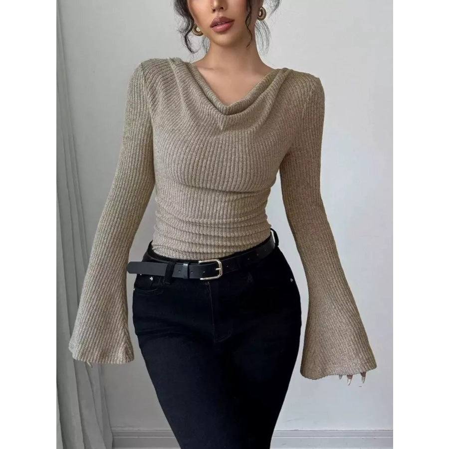 Cowl Neck Flare Sleeve Top Khaki / S Apparel and Accessories