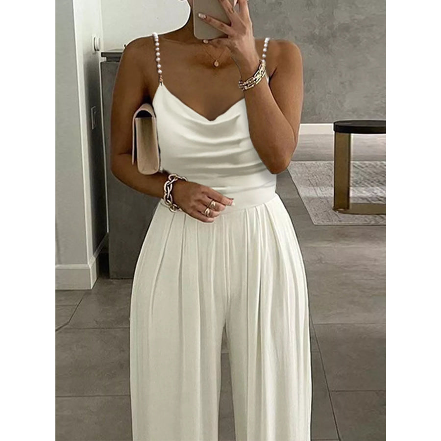 Cowl Neck Jumpsuit with Pearl Strap Detail Apparel and Accessories