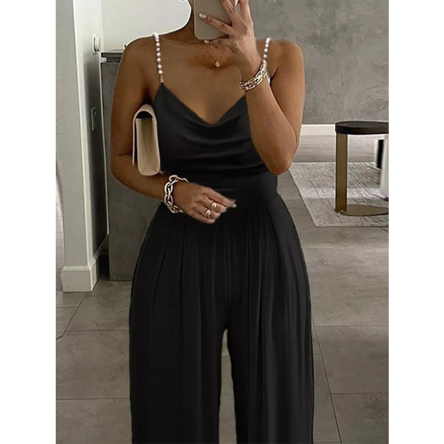 Cowl Neck Jumpsuit with Pearl Strap Detail Black / S Apparel and Accessories