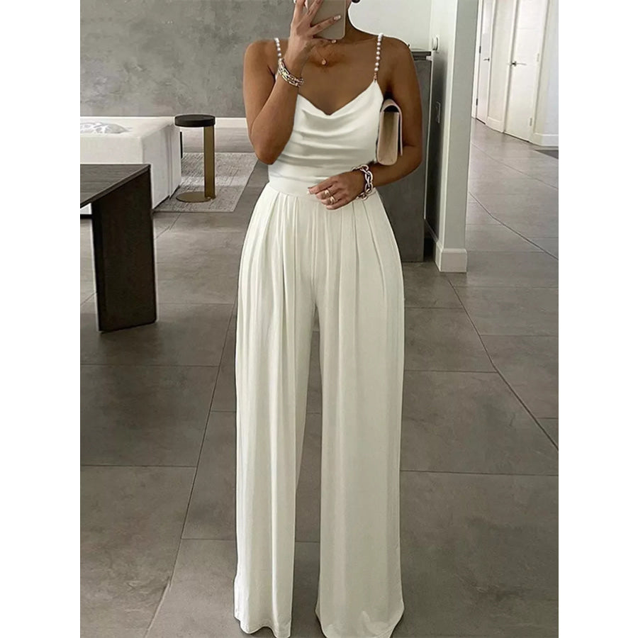 Cowl Neck Jumpsuit with Pearl Strap Detail White / S Apparel and Accessories
