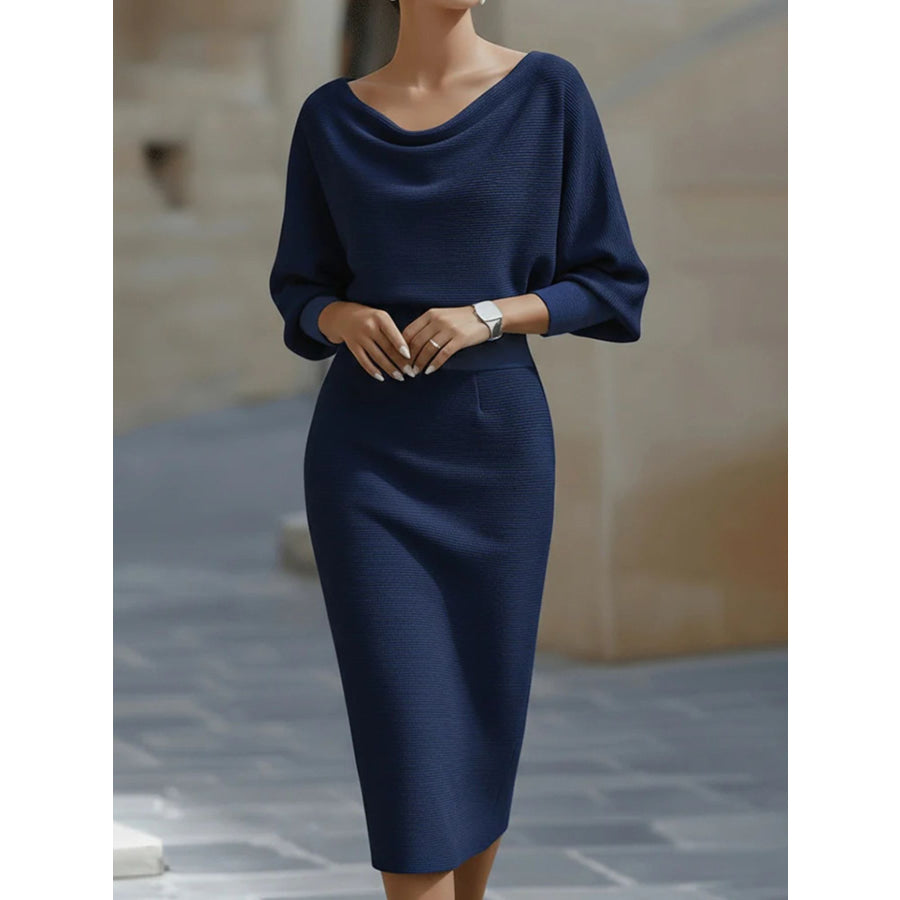 Cowl Neck Knit Bodycon Dress Navy Blue / S Apparel and Accessories
