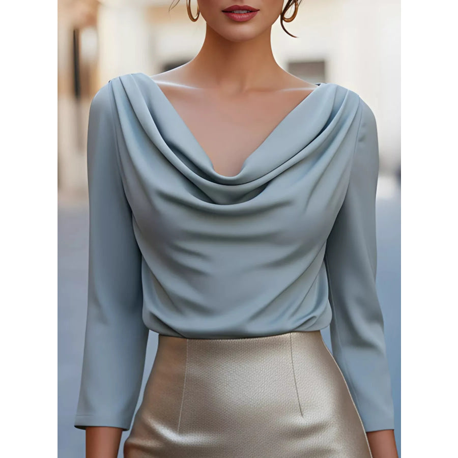 Cowl Neck Long Sleeve Blouse Sky Blue / S Apparel and Accessories