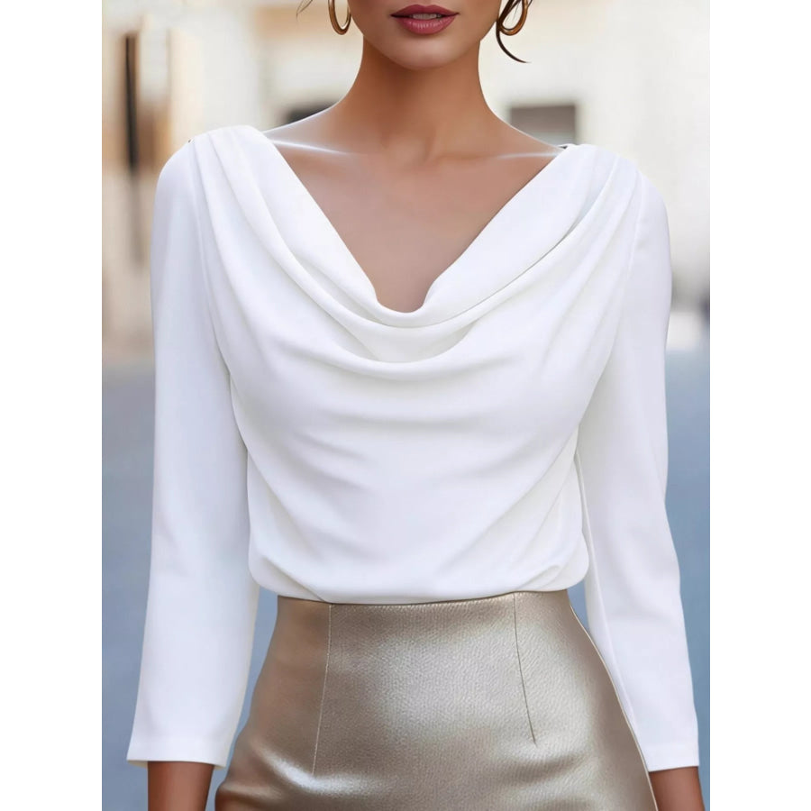 Cowl Neck Long Sleeve Blouse White / S Apparel and Accessories