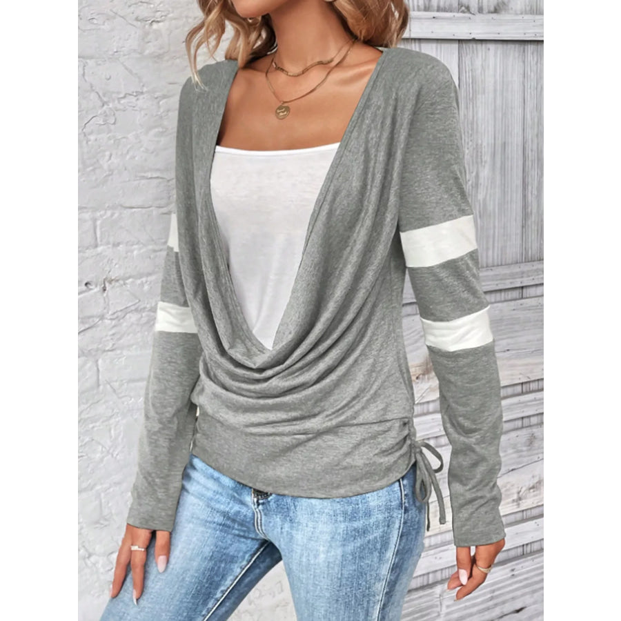 Cowl Neck Long Sleeve Fake Two-Piece T-Shirt Apparel and Accessories