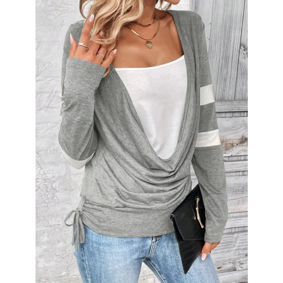 Cowl Neck Long Sleeve Fake Two-Piece T-Shirt Apparel and Accessories