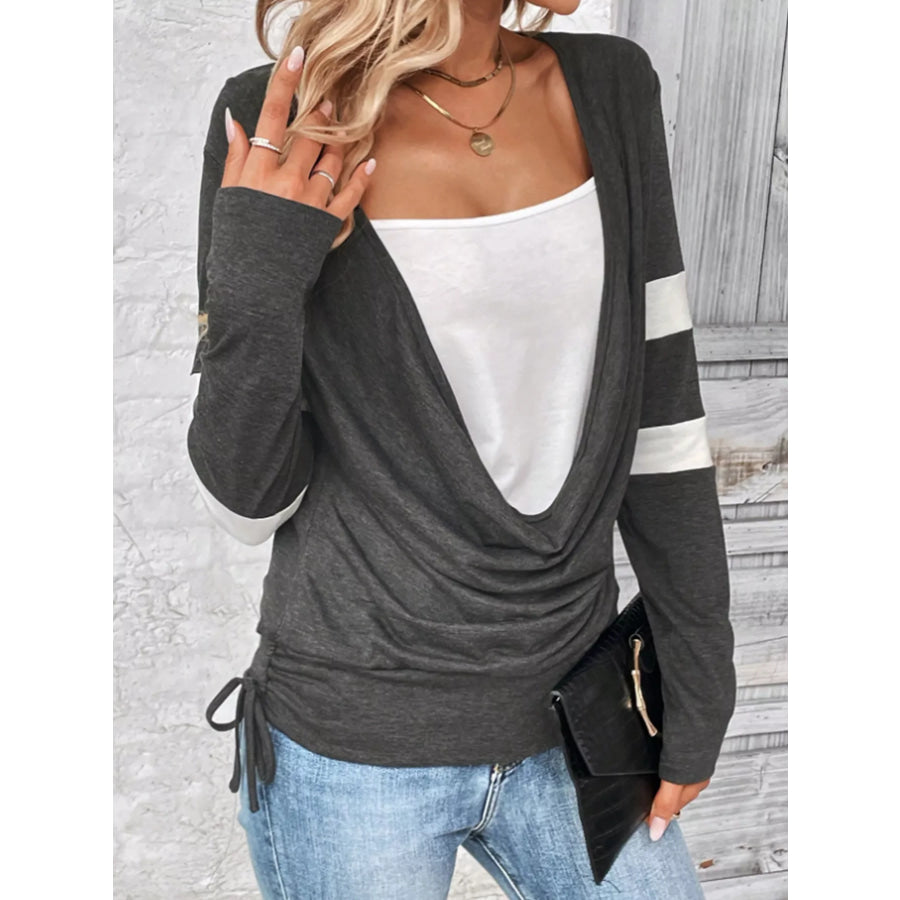 Cowl Neck Long Sleeve Fake Two-Piece T-Shirt Apparel and Accessories