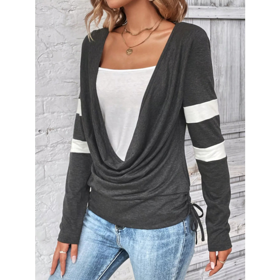 Cowl Neck Long Sleeve Fake Two-Piece T-Shirt Dark Gray / S Apparel and Accessories