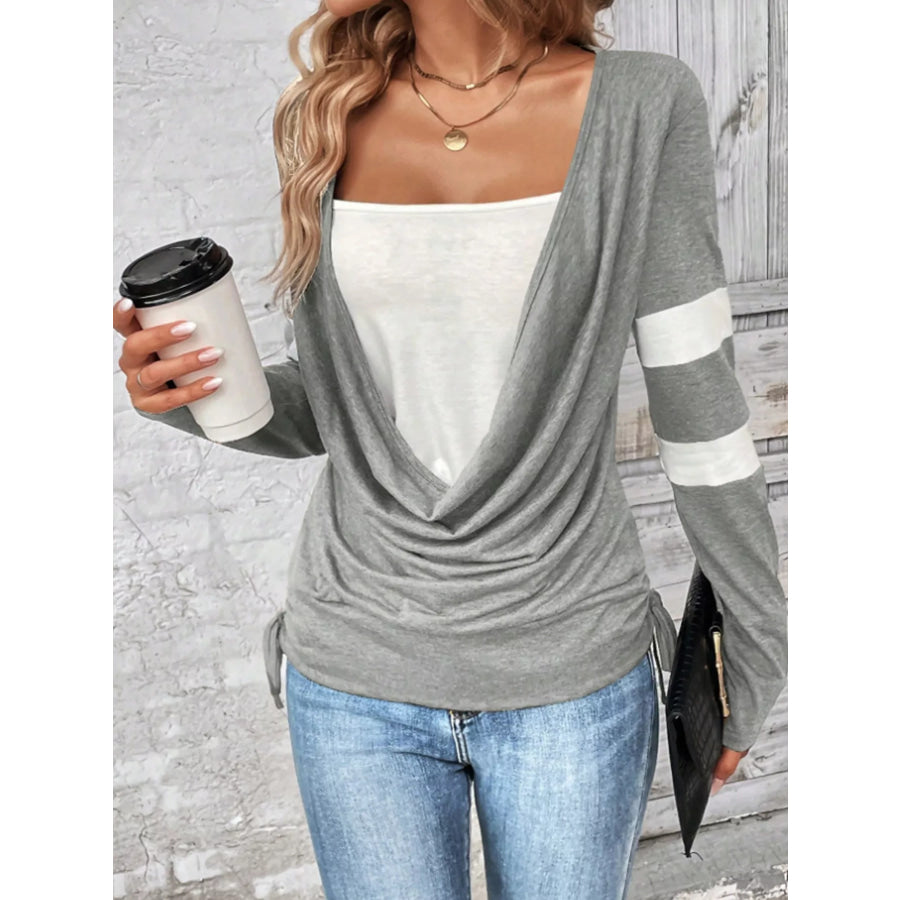 Cowl Neck Long Sleeve Fake Two-Piece T-Shirt Light Gray / S Apparel and Accessories