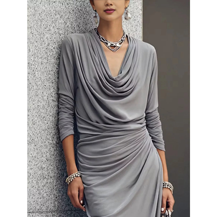 Cowl Neck Long Sleeve Maxi Dress Gray / S Apparel and Accessories