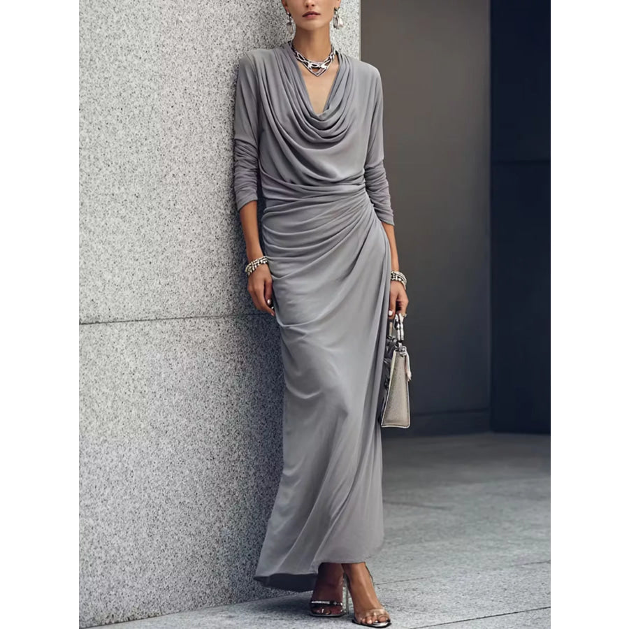 Cowl Neck Long Sleeve Maxi Dress Gray / S Apparel and Accessories
