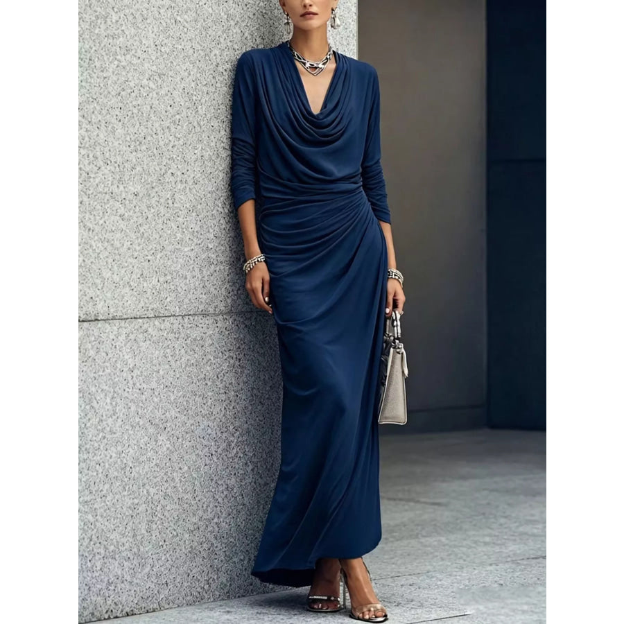 Cowl Neck Long Sleeve Maxi Dress Navy Blue / S Apparel and Accessories
