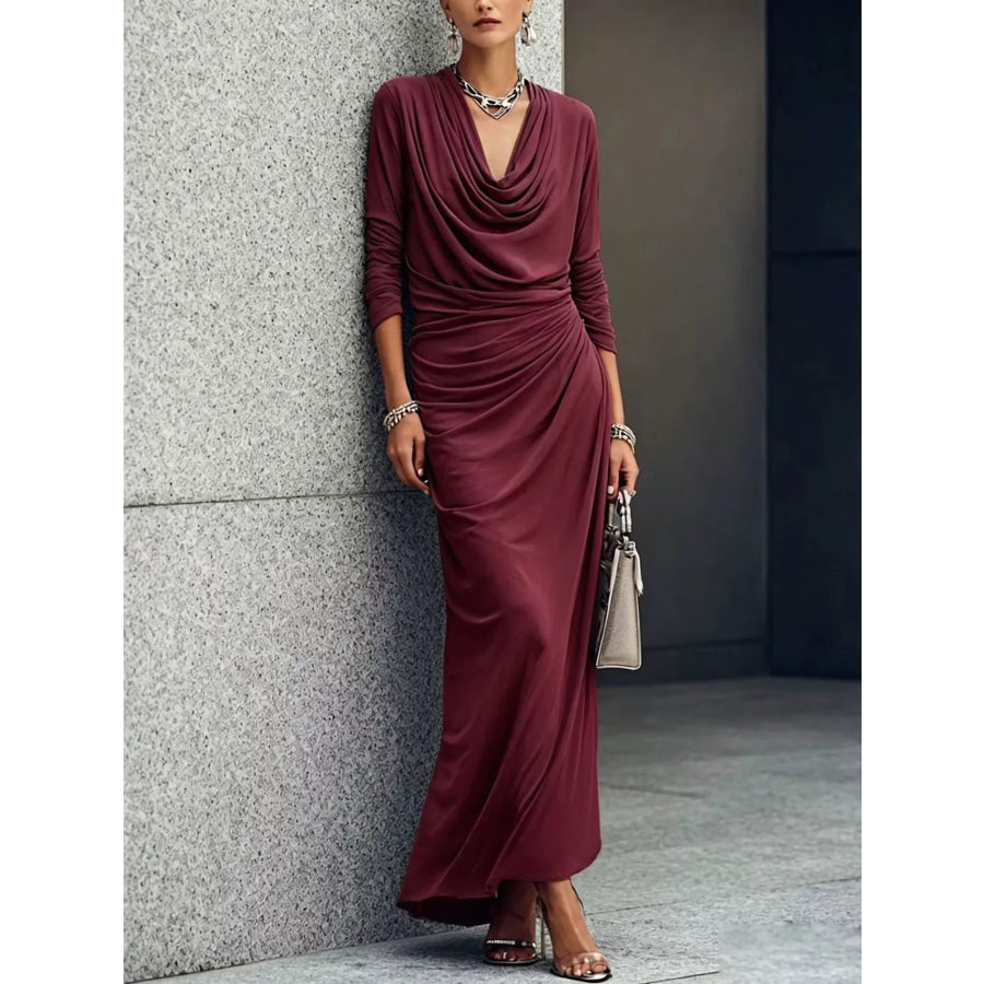 Cowl Neck Long Sleeve Maxi Dress Wine Red / S Apparel and Accessories