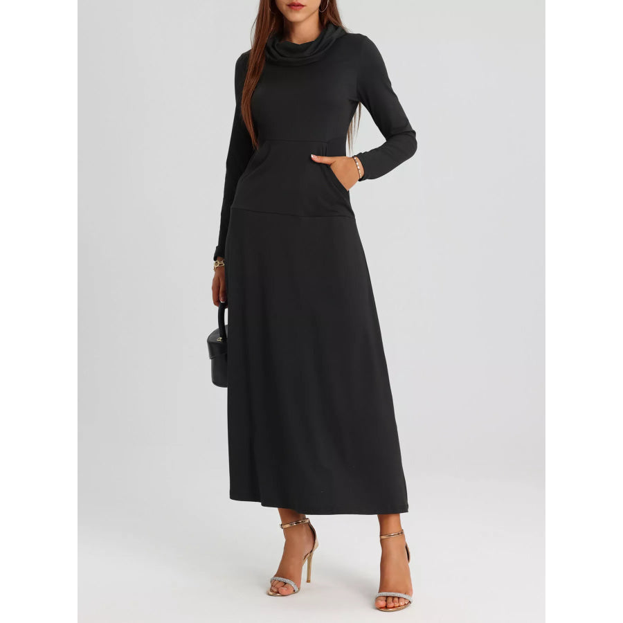 Cowl Neck Long Sleeve Midi Dress Apparel and Accessories