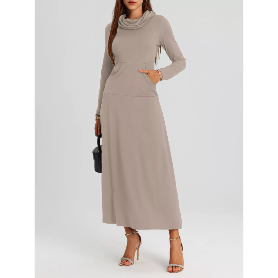 Cowl Neck Long Sleeve Midi Dress Apparel and Accessories