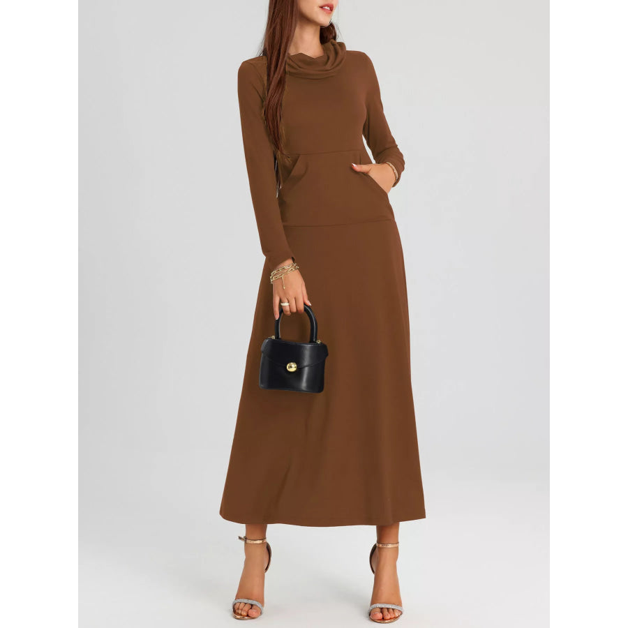 Cowl Neck Long Sleeve Midi Dress Apparel and Accessories