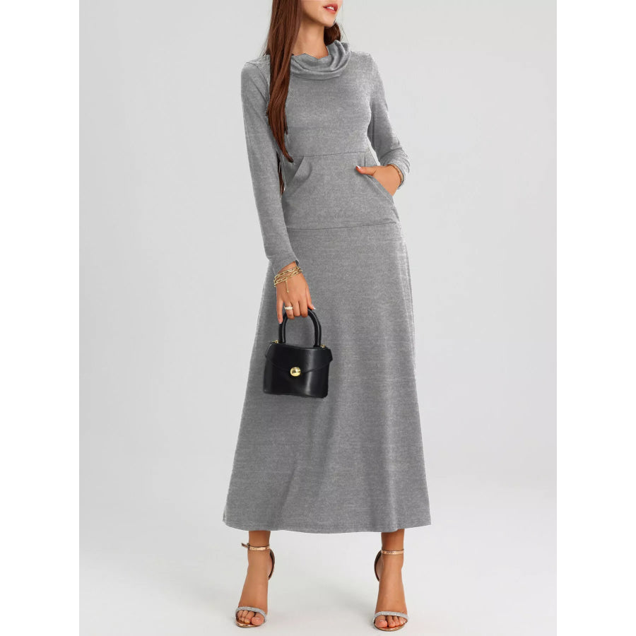 Cowl Neck Long Sleeve Midi Dress Apparel and Accessories