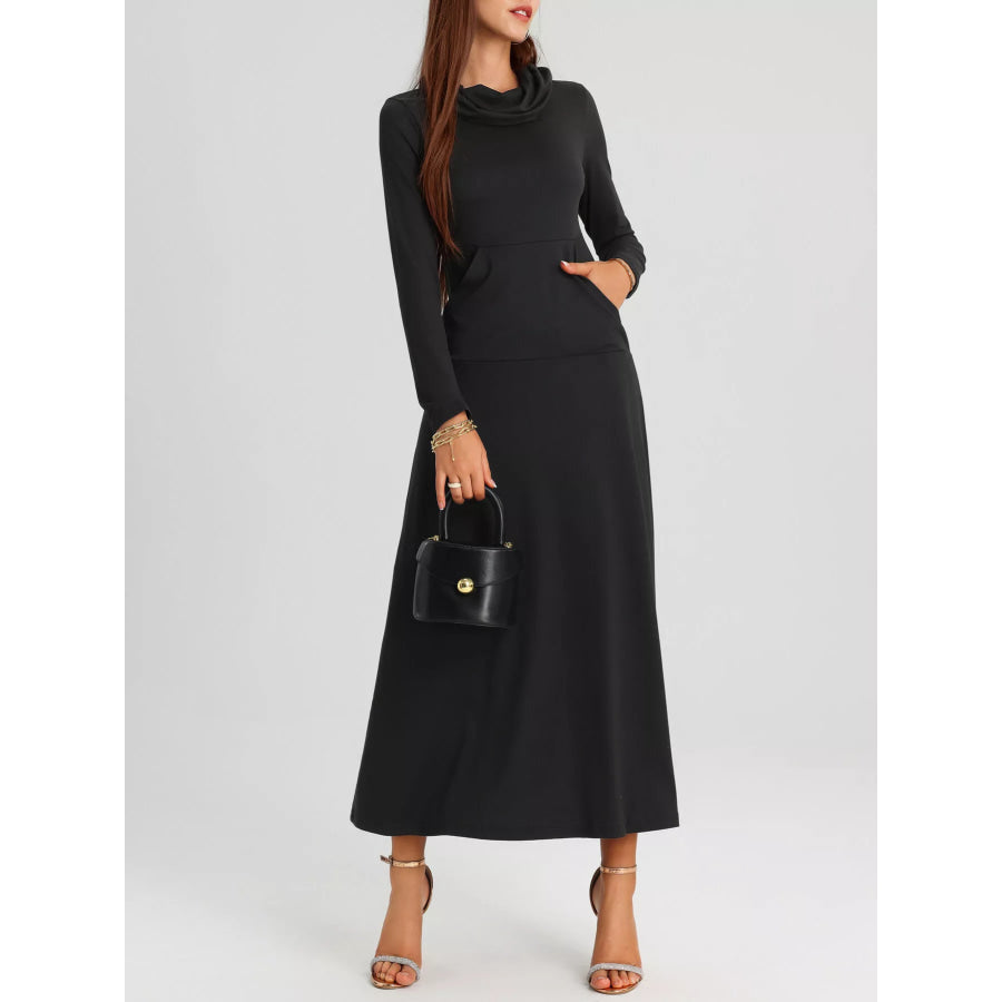 Cowl Neck Long Sleeve Midi Dress Apparel and Accessories