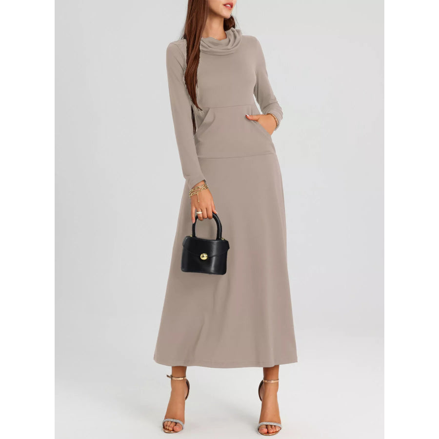 Cowl Neck Long Sleeve Midi Dress Apparel and Accessories