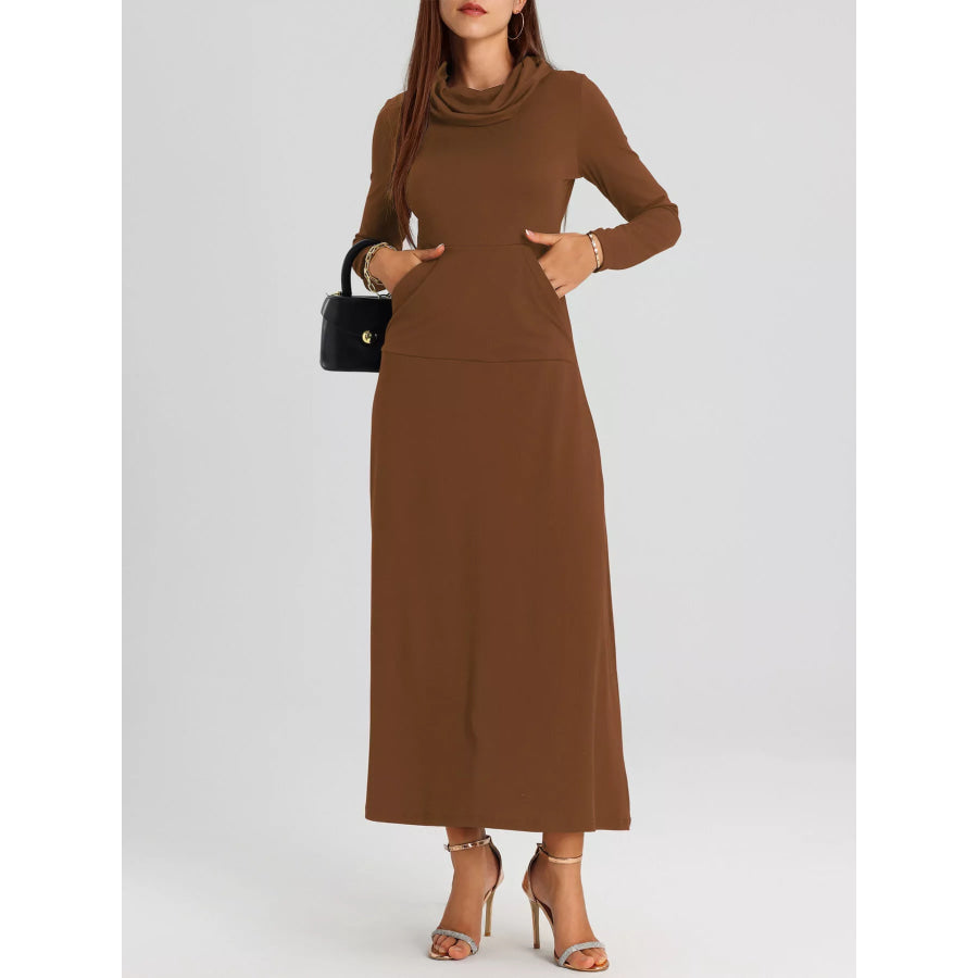 Cowl Neck Long Sleeve Midi Dress Apparel and Accessories