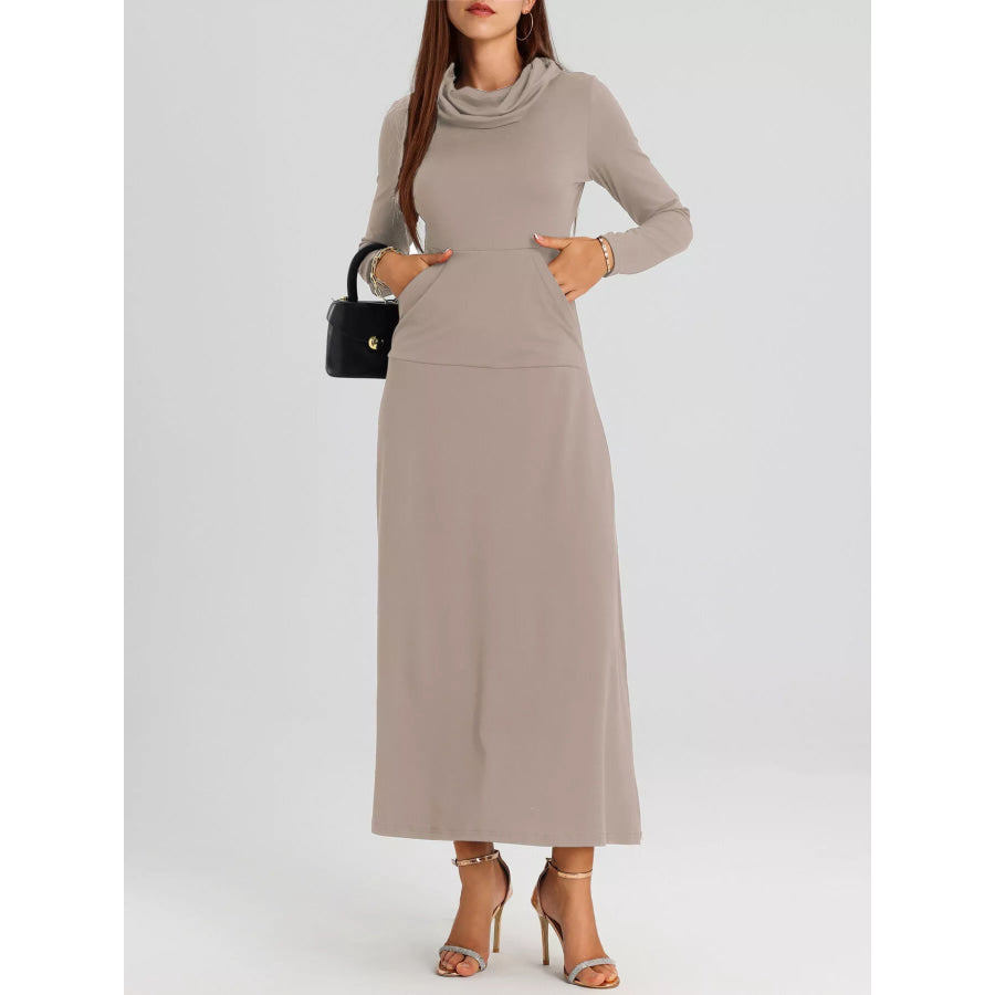 Cowl Neck Long Sleeve Midi Dress Apparel and Accessories