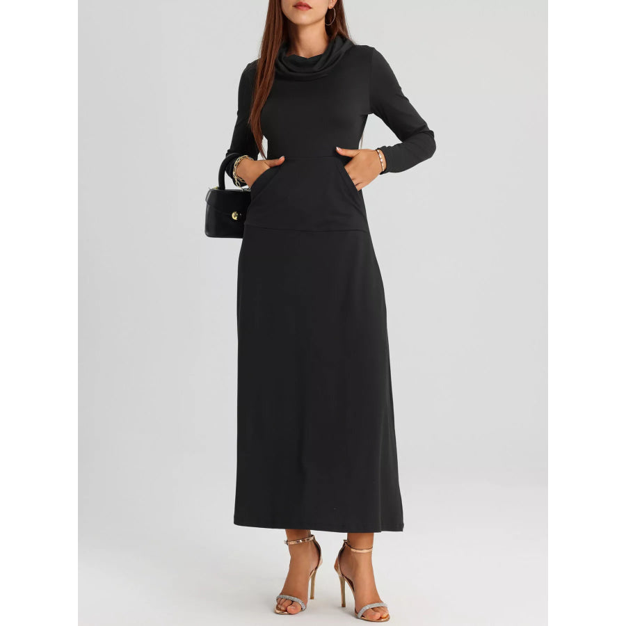 Cowl Neck Long Sleeve Midi Dress Black / S Apparel and Accessories
