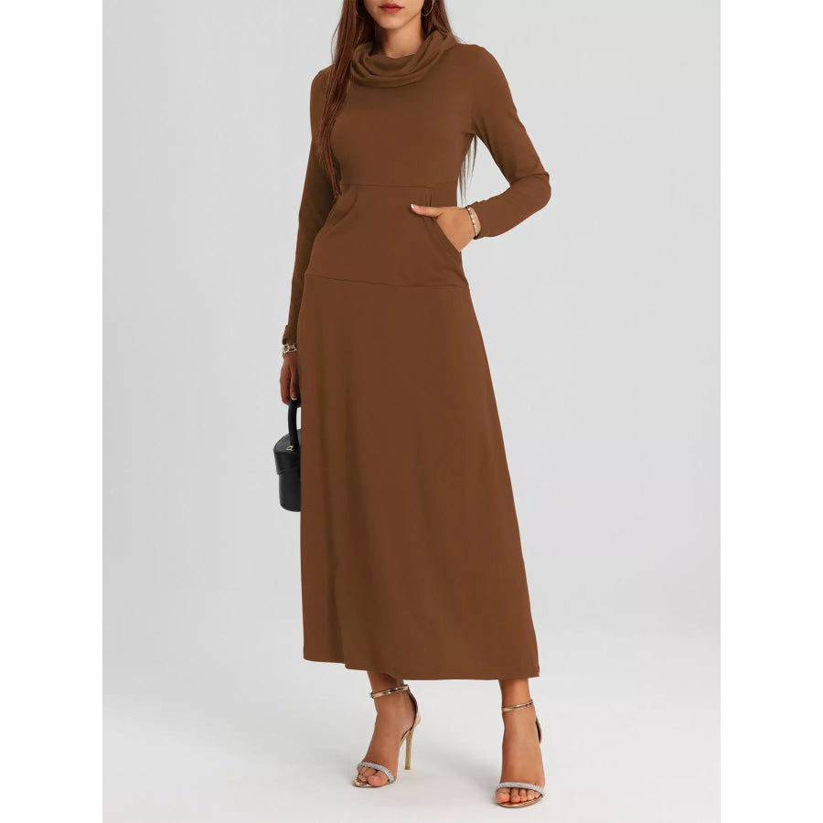 Cowl Neck Long Sleeve Midi Dress Dark Brown / S Apparel and Accessories