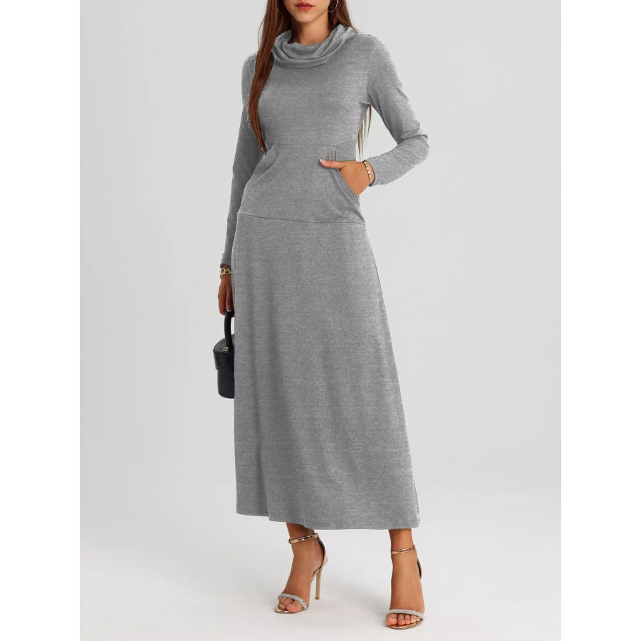 Cowl Neck Long Sleeve Midi Dress Gray / S Apparel and Accessories