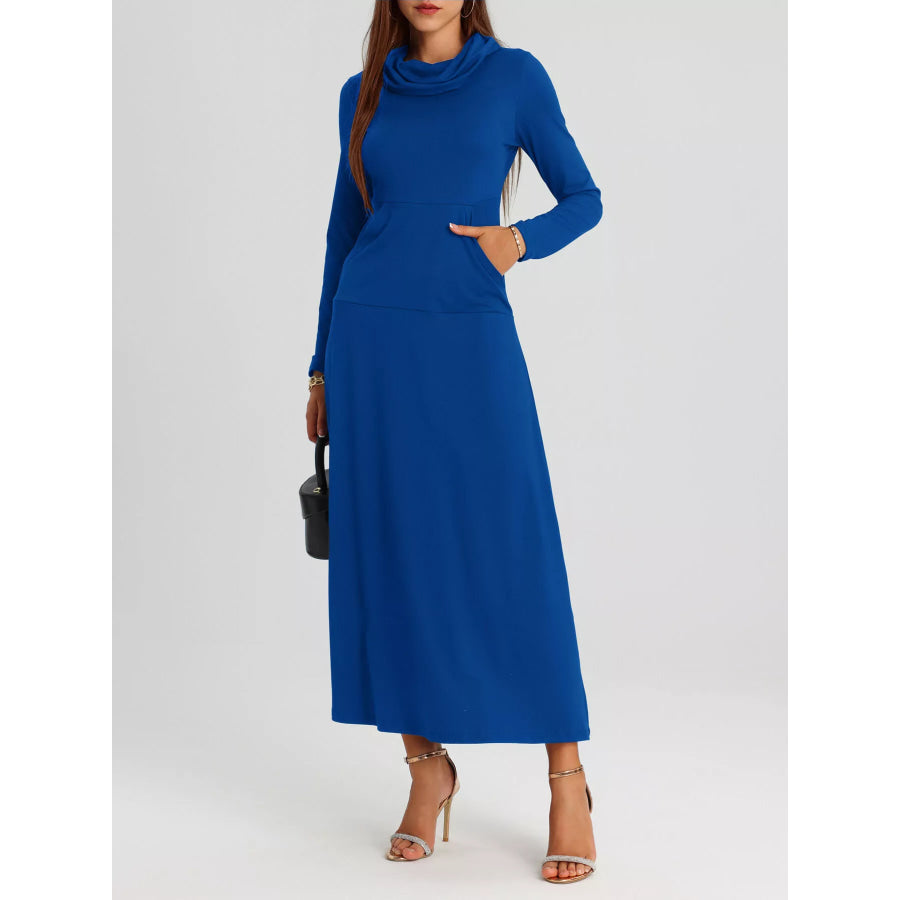 Cowl Neck Long Sleeve Midi Dress Peacock Blue / S Apparel and Accessories