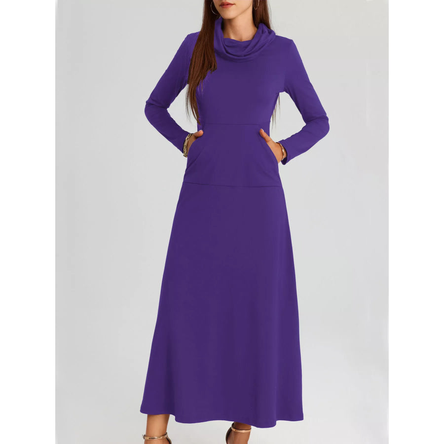 Cowl Neck Long Sleeve Midi Dress Purple / S Apparel and Accessories
