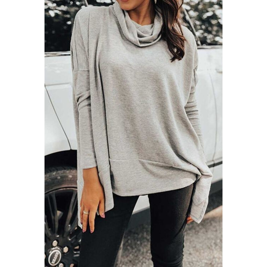 Cowl Neck Long Sleeve Slit Blouse Light Gray / S