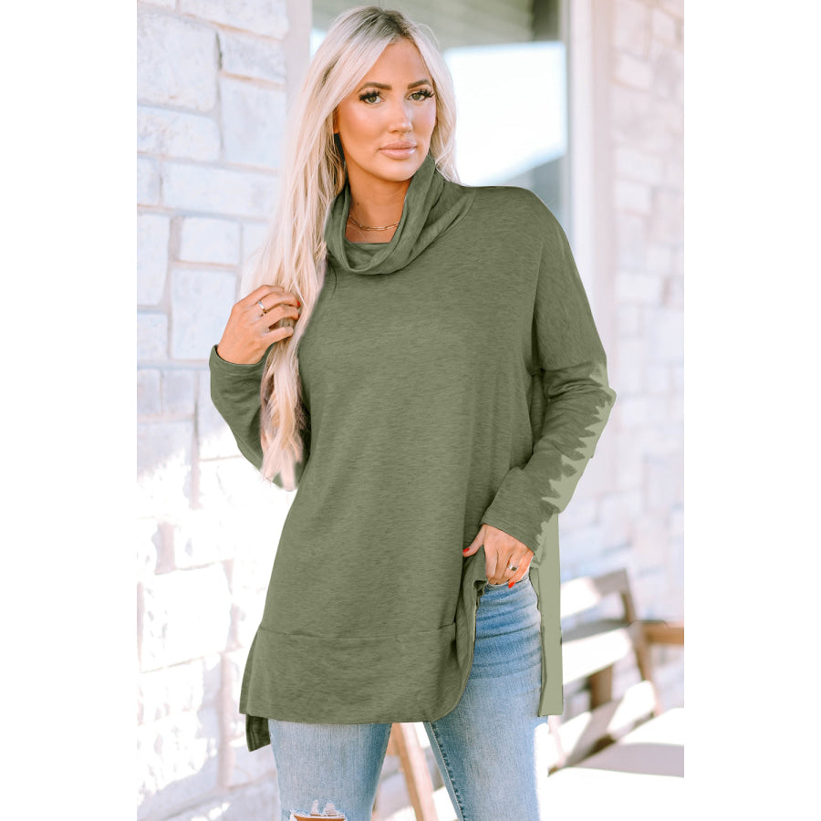 Cowl Neck Long Sleeve Slit Blouse Sage / M