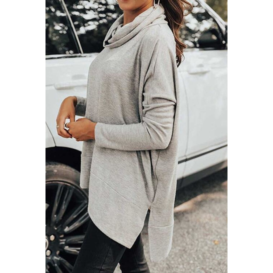 Cowl Neck Long Sleeve Slit Blouse