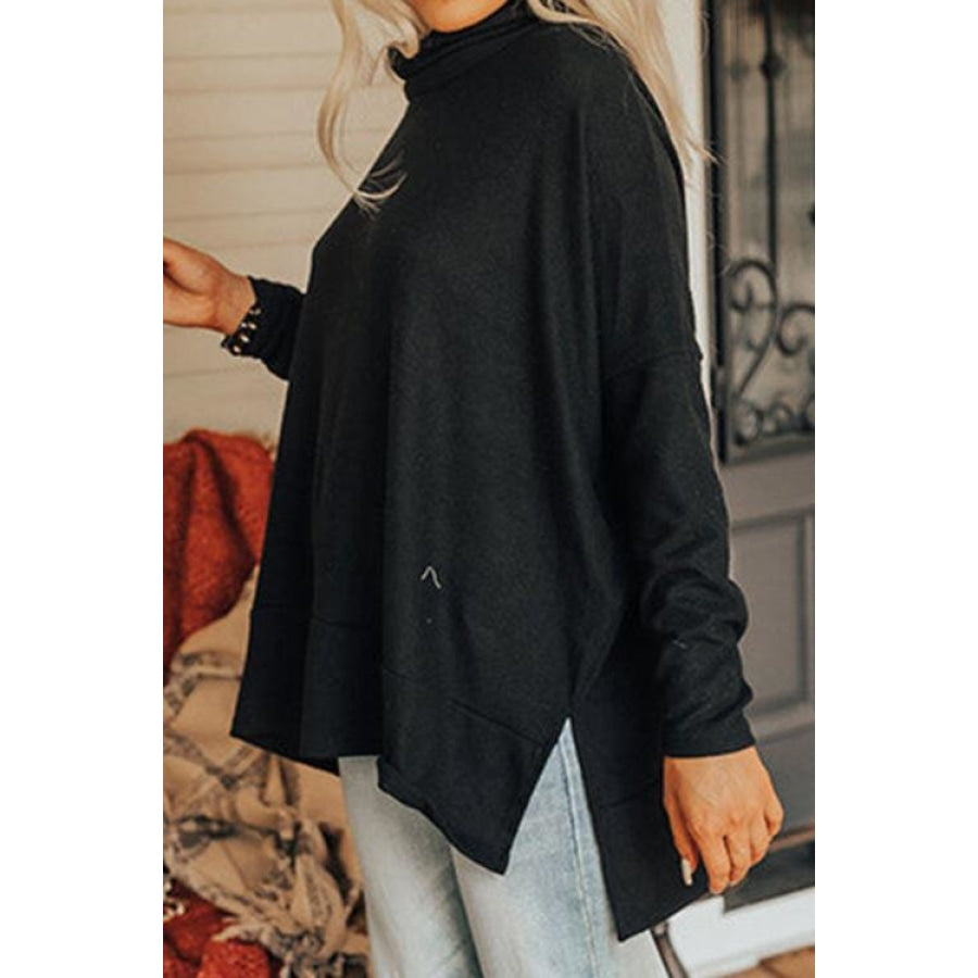 Cowl Neck Long Sleeve Slit Blouse