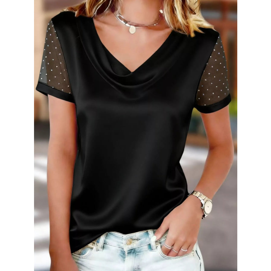Cowl Neck Polka Dot Short Sleeve Top Black / S Apparel and Accessories