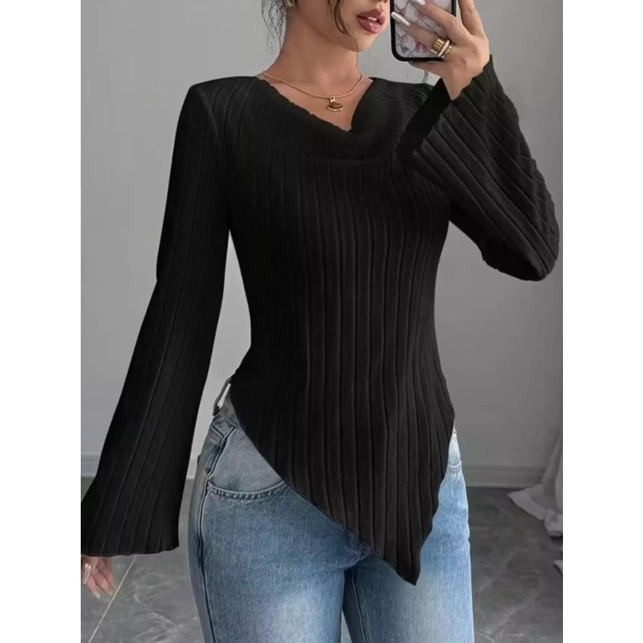 Cowl Neck Ribbed Knit Top Black / S Apparel and Accessories