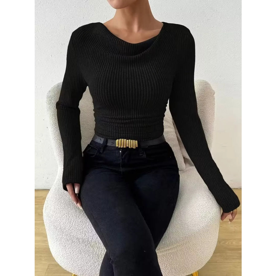 Cowl Neck Ribbed Knit Top Black / S Apparel and Accessories