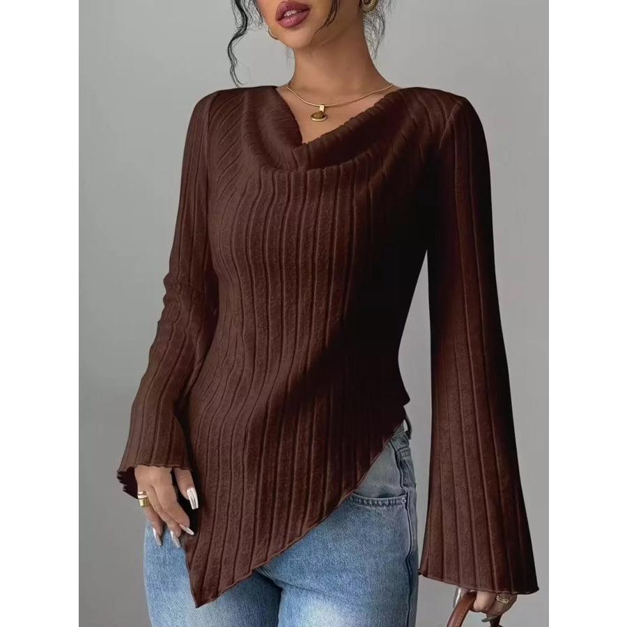 Cowl Neck Ribbed Knit Top Brown / S Apparel and Accessories