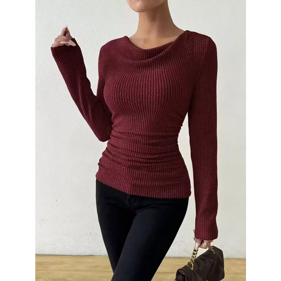 Cowl Neck Ribbed Knit Top Burgundy / S Apparel and Accessories