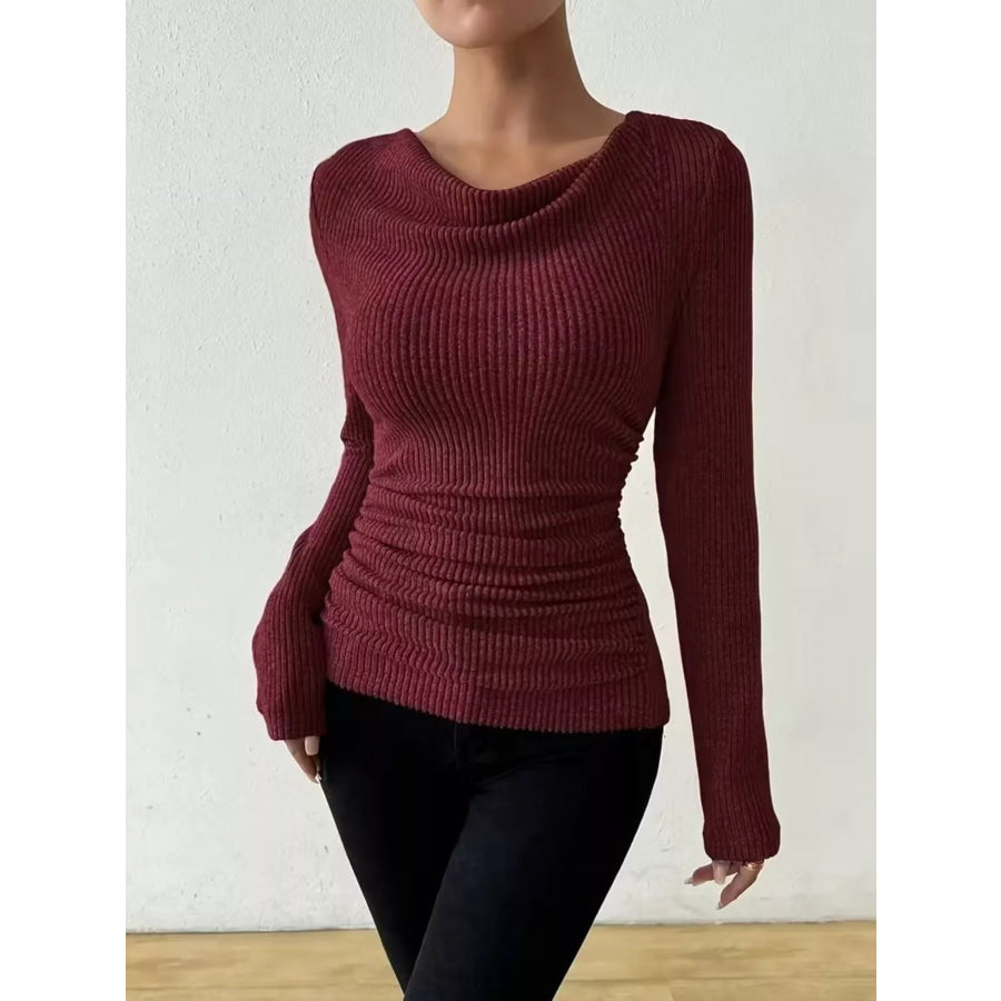 Cowl Neck Ribbed Knit Top Burgundy / S Apparel and Accessories