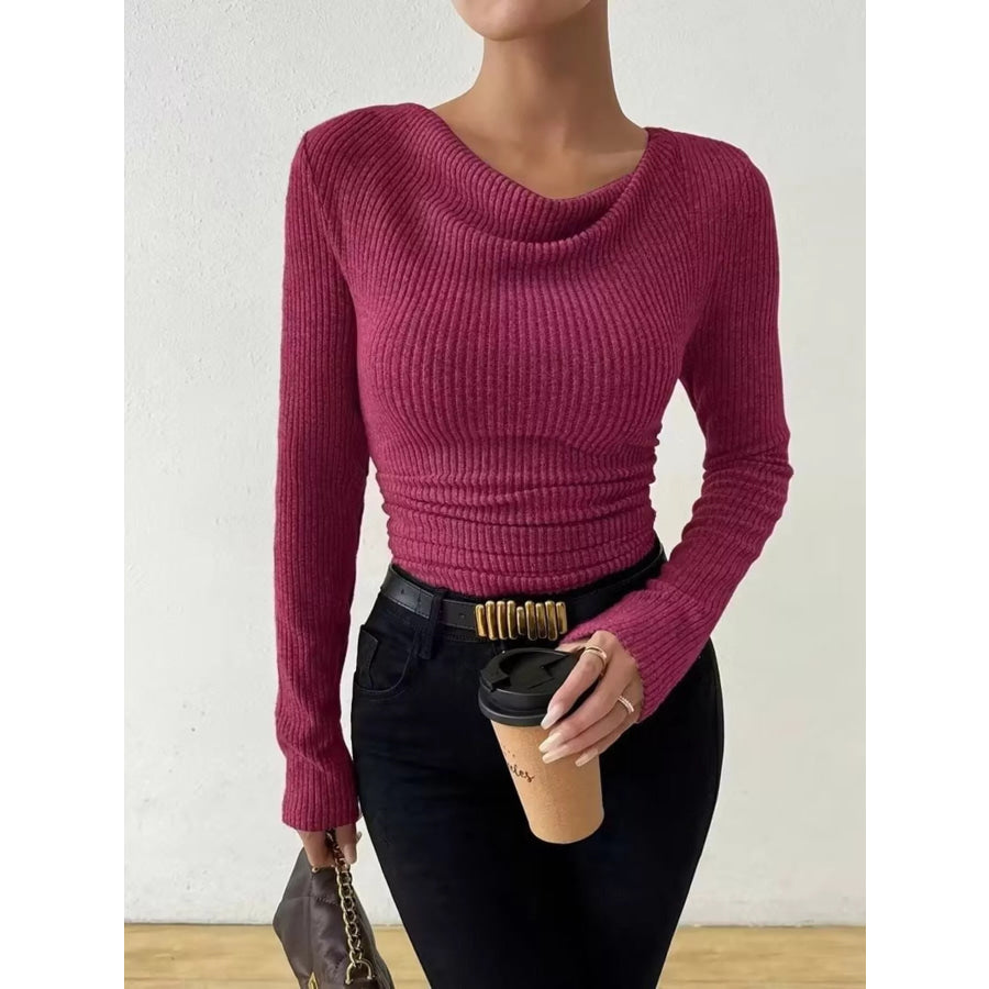 Cowl Neck Ribbed Knit Top Fuchsia Pink / S Apparel and Accessories