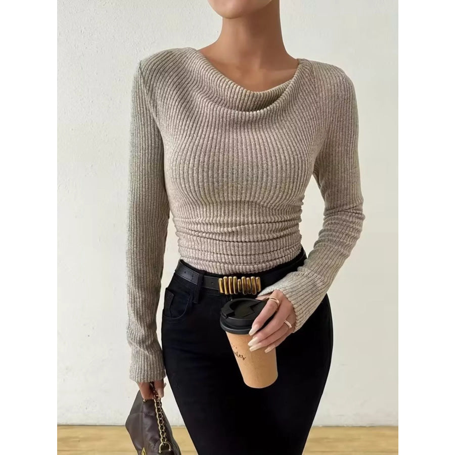 Cowl Neck Ribbed Knit Top Khaki / S Apparel and Accessories