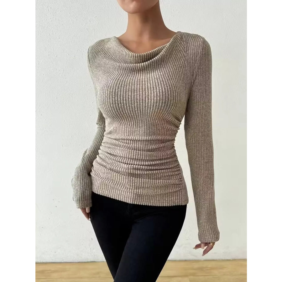 Cowl Neck Ribbed Knit Top Khaki / S Apparel and Accessories