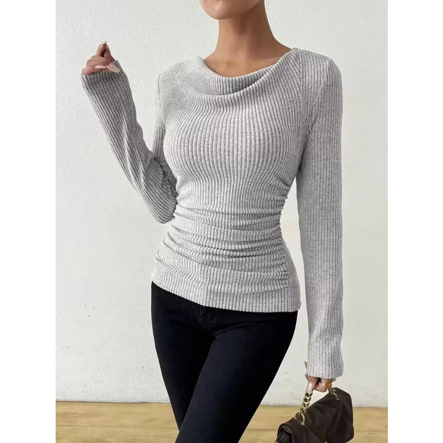 Cowl Neck Ribbed Knit Top Light Gray / S Apparel and Accessories