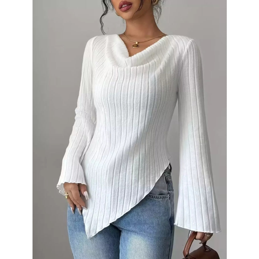 Cowl Neck Ribbed Knit Top White / S Apparel and Accessories