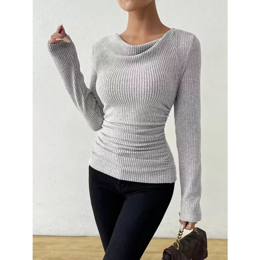 Cowl Neck Ribbed Long Sleeve Sweater Light Gray / S Apparel and Accessories