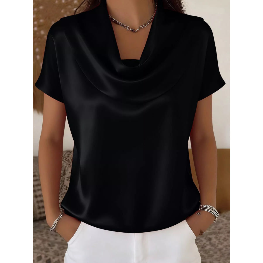 Cowl Neck Short Sleeve Blouse Black / S Apparel and Accessories