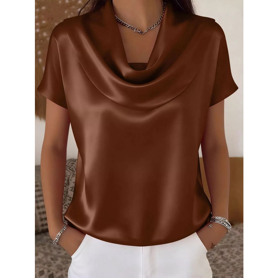 Cowl Neck Short Sleeve Blouse Brown / S Apparel and Accessories