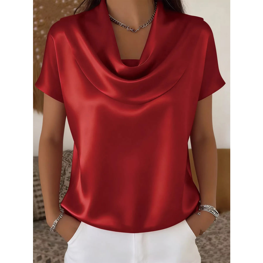 Cowl Neck Short Sleeve Blouse Red / S Apparel and Accessories