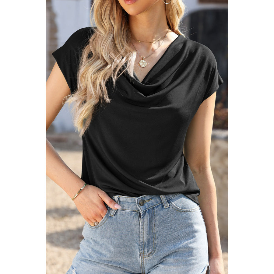 Cowl Neck Short Sleeve T - Shirt Black / S Apparel and Accessories